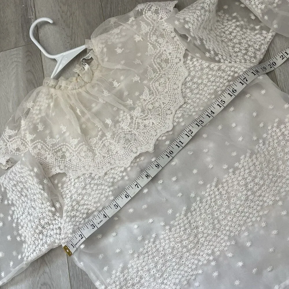 Zara Organza Blouse ecru embroidered sheer ruffle womens White (xsmall) cottage